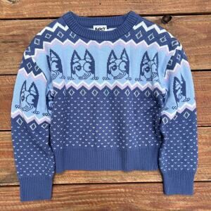 Bluey Girls Winter Sweater 6/6X | Cozy Fair Isle Lurex Sparkle Knit Blue Purple